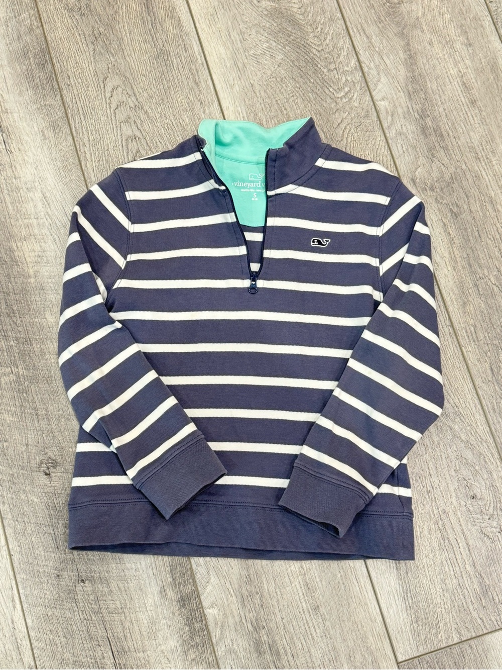 Vineyard Vines Grey & White Striped Kids Quarter-Zip with Mint Collar
